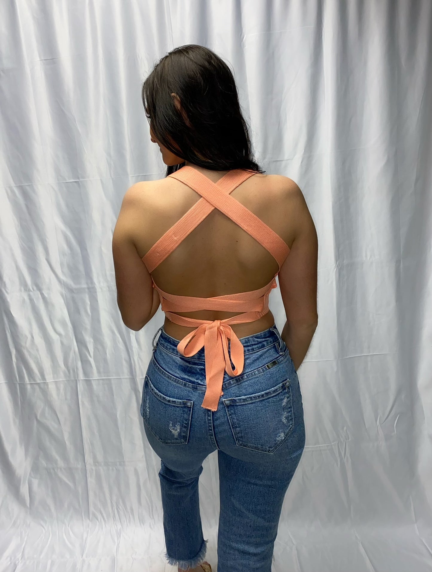 Rib Knit Open Back Crop Top- Sorbet