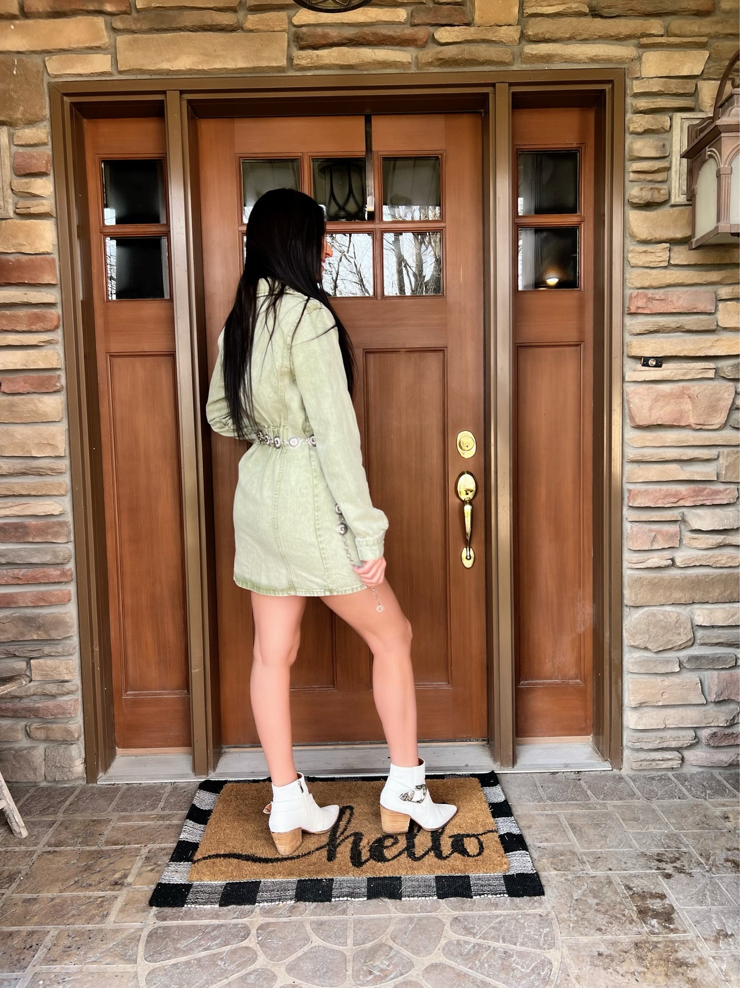 Sage Washed Button Down Denim Shirt Dress