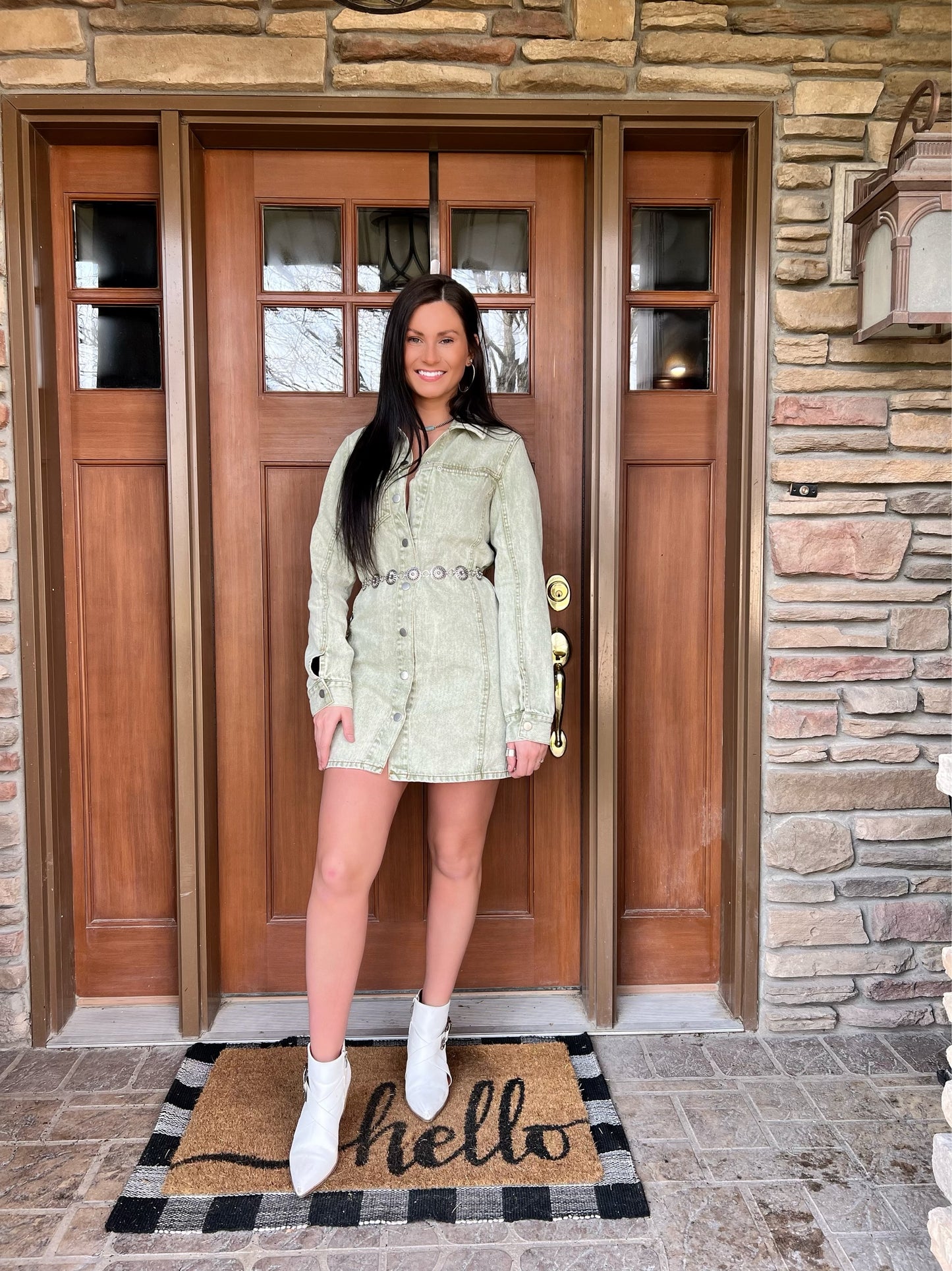 Sage Washed Button Down Denim Shirt Dress