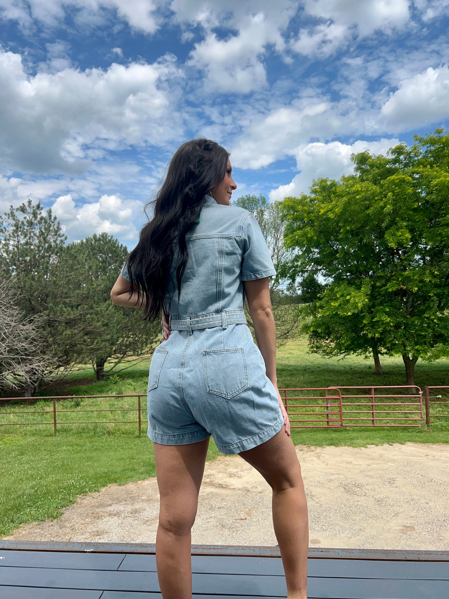 Light Denim Belted Jean Romper