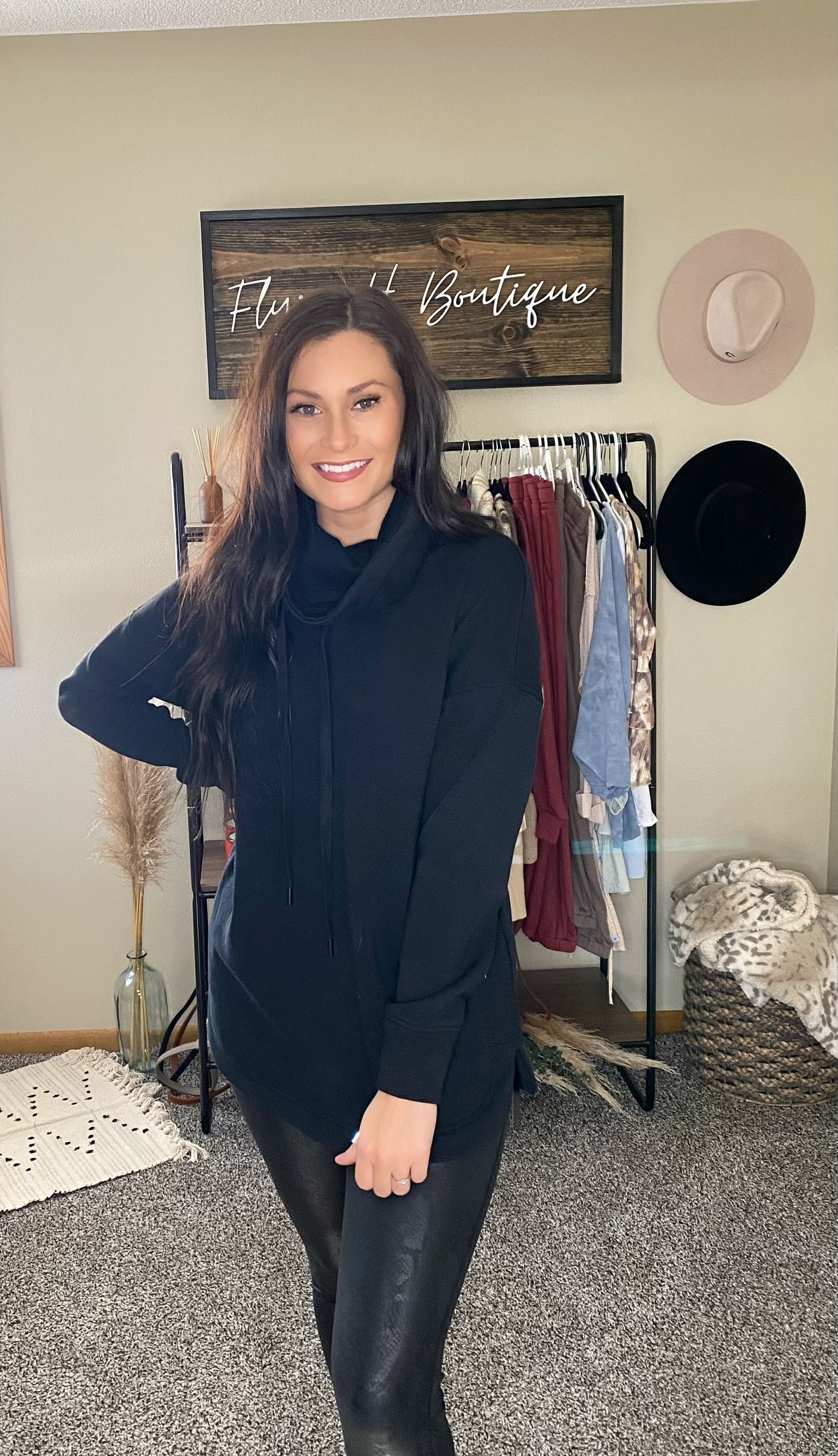 High Neck Pullover with Curved Hem-Black