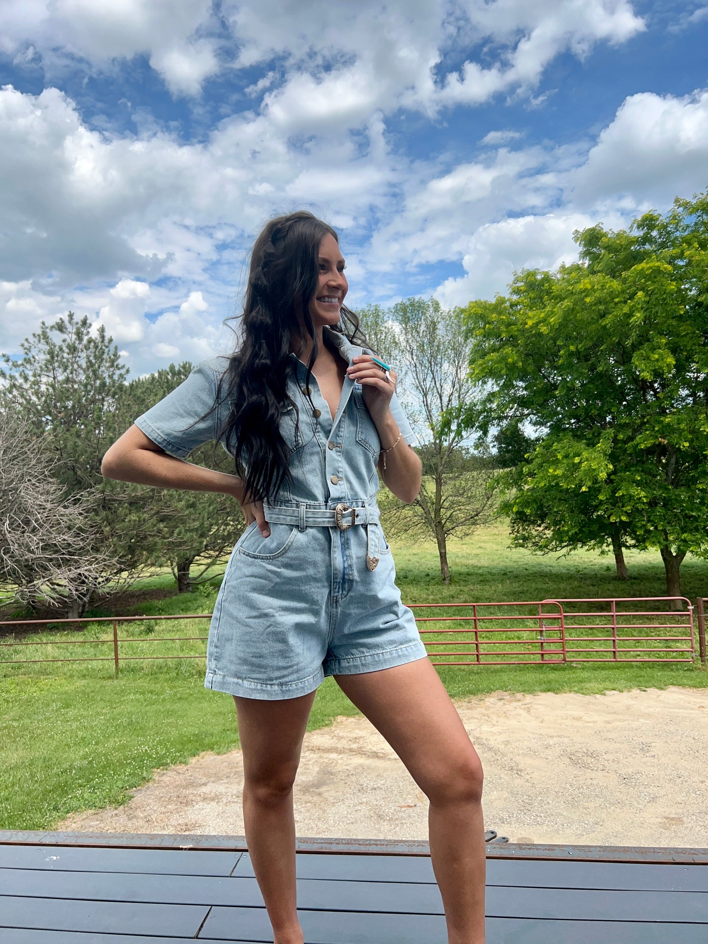 Light Denim Belted Jean Romper