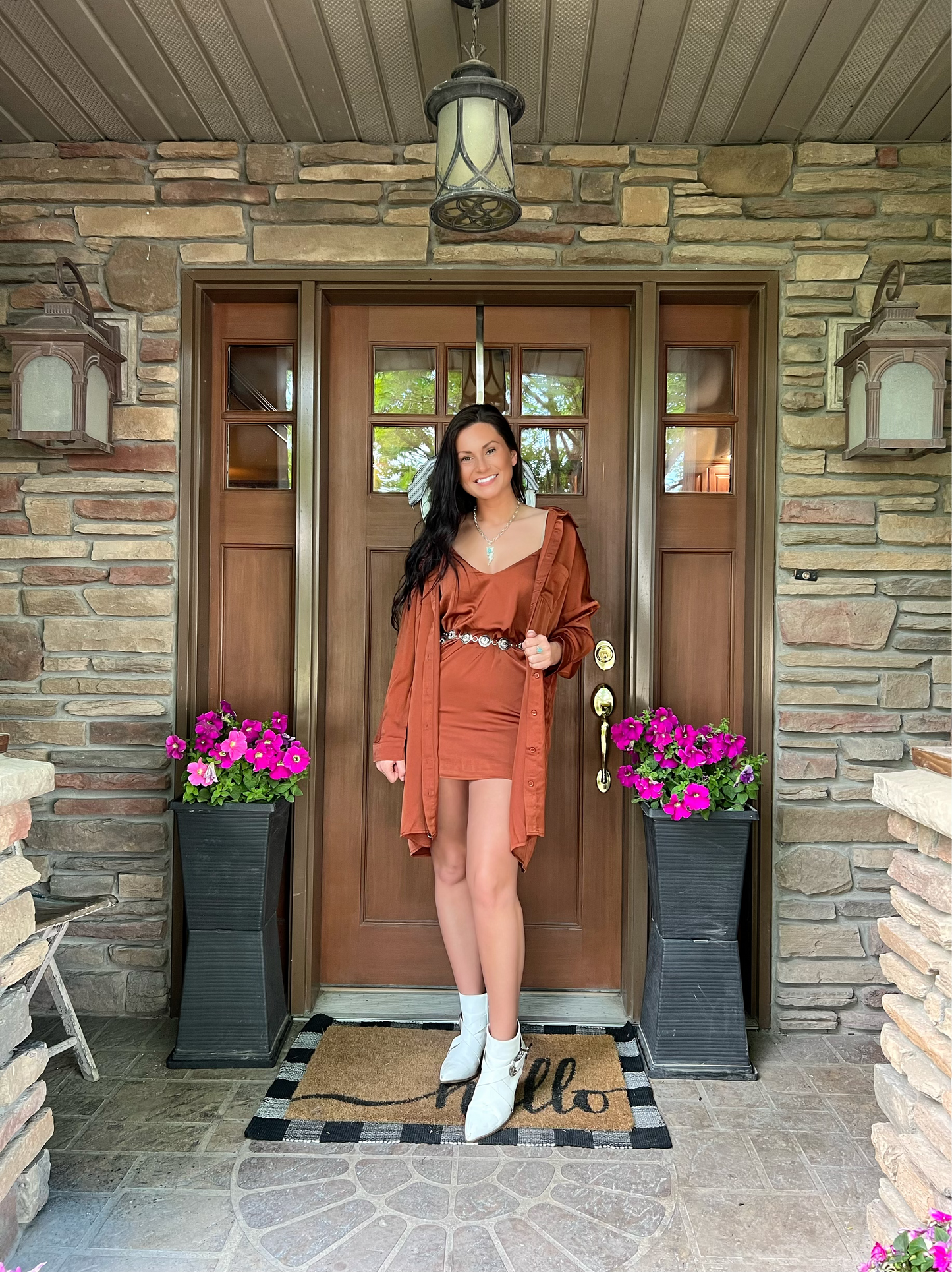 Cognac Satin Dress Set