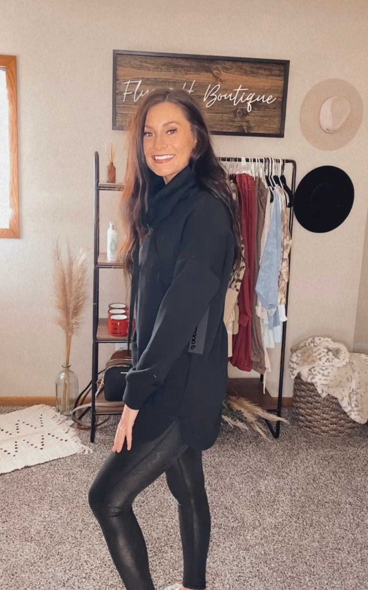 High Neck Pullover with Curved Hem-Black