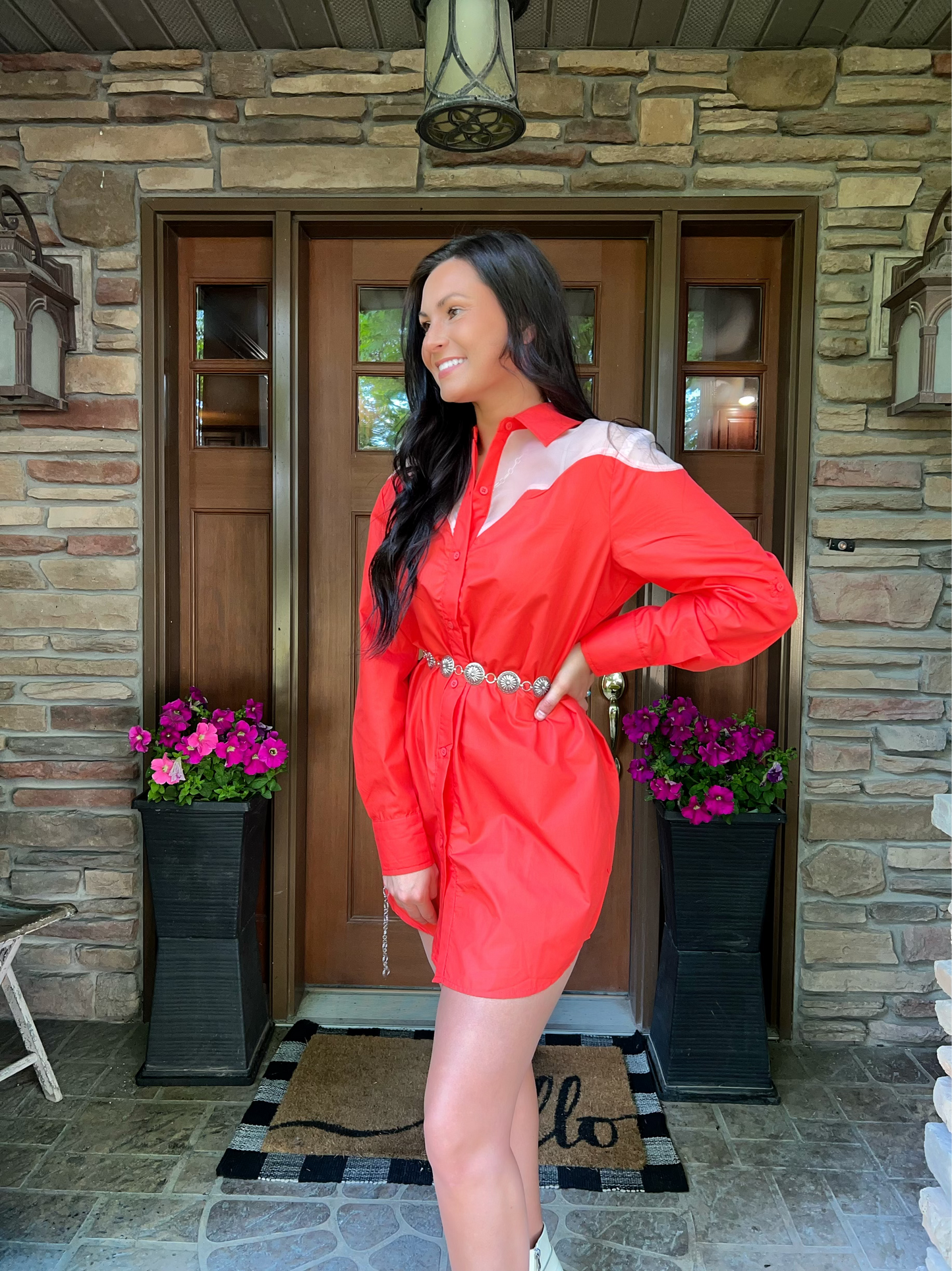 Coral Western Organza Button Up