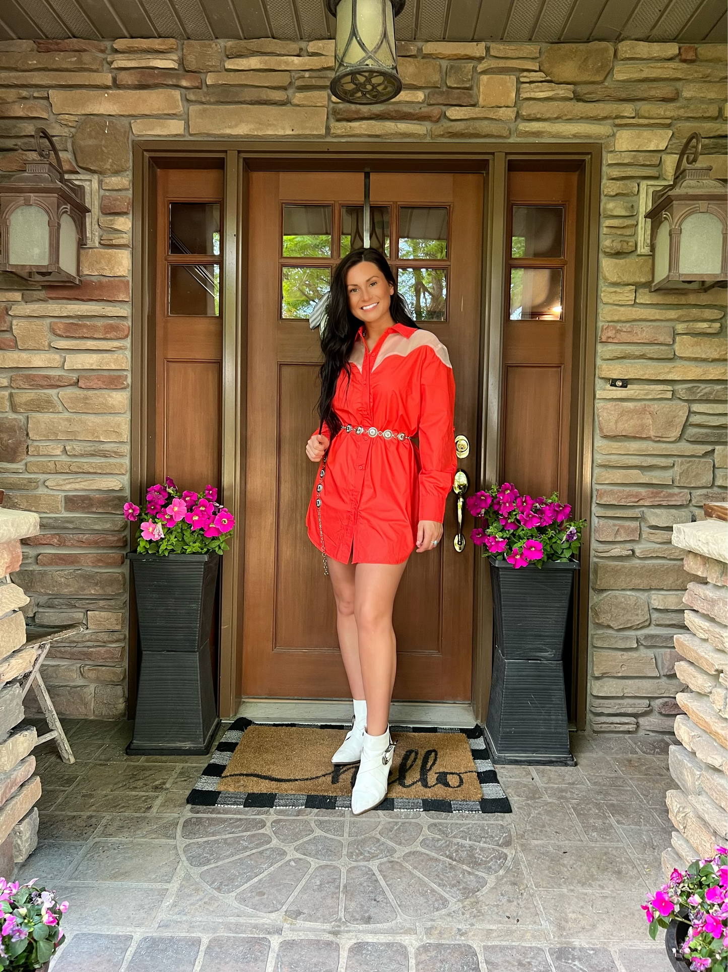 Coral Western Organza Button Up