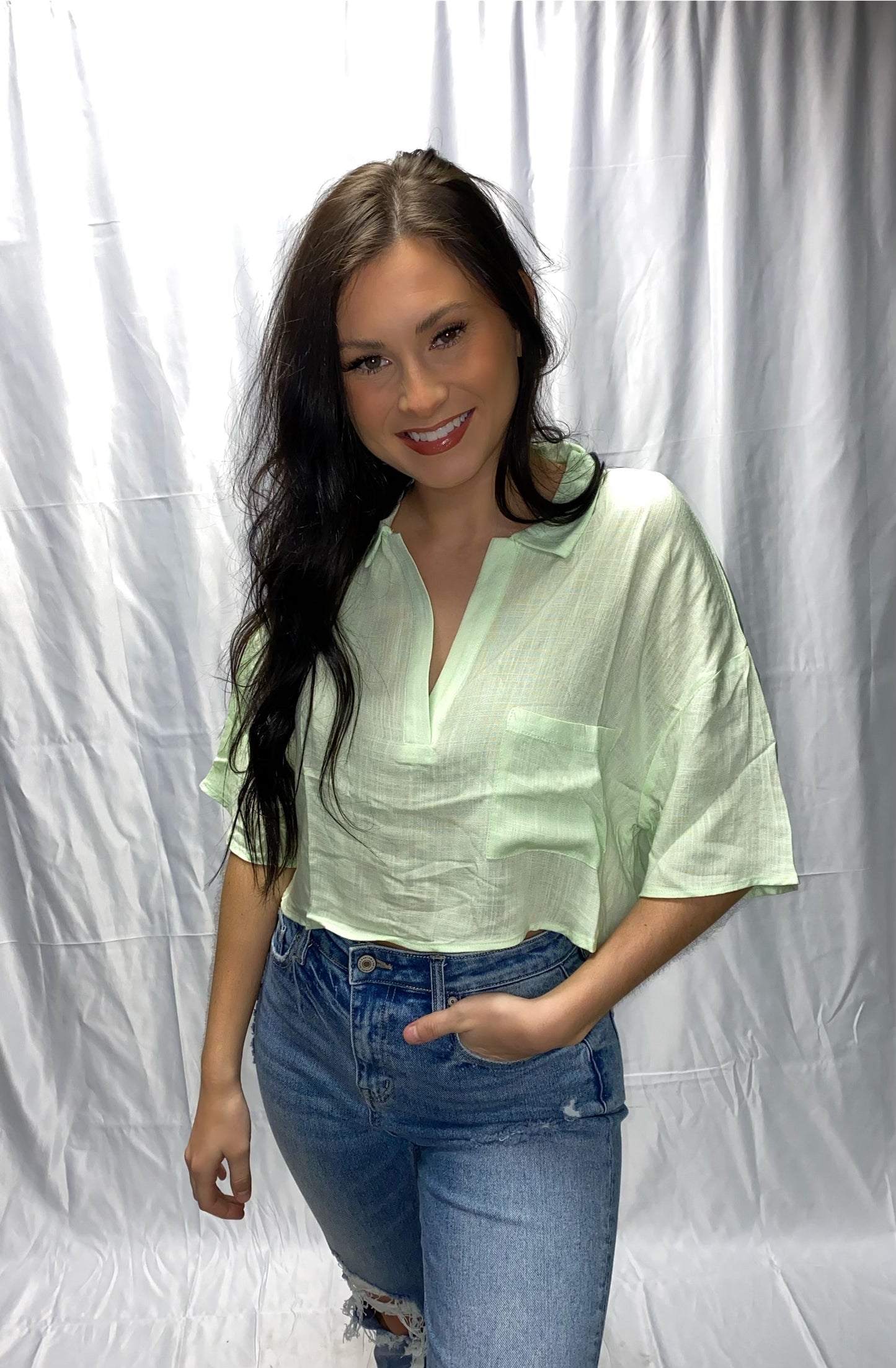 Drop Shoulder Crop Top- Mint