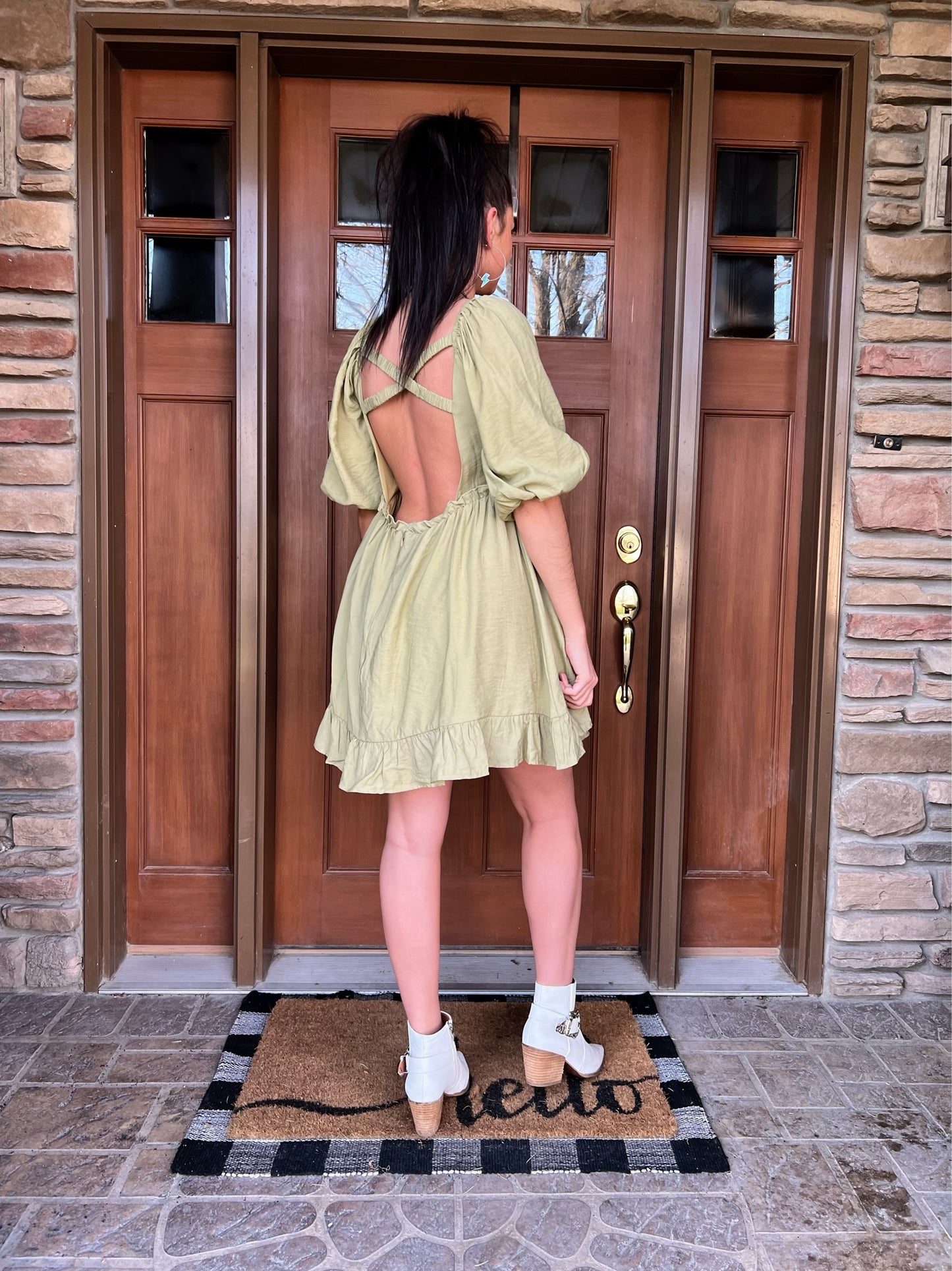 Green Ruffled Woven Mini Dress