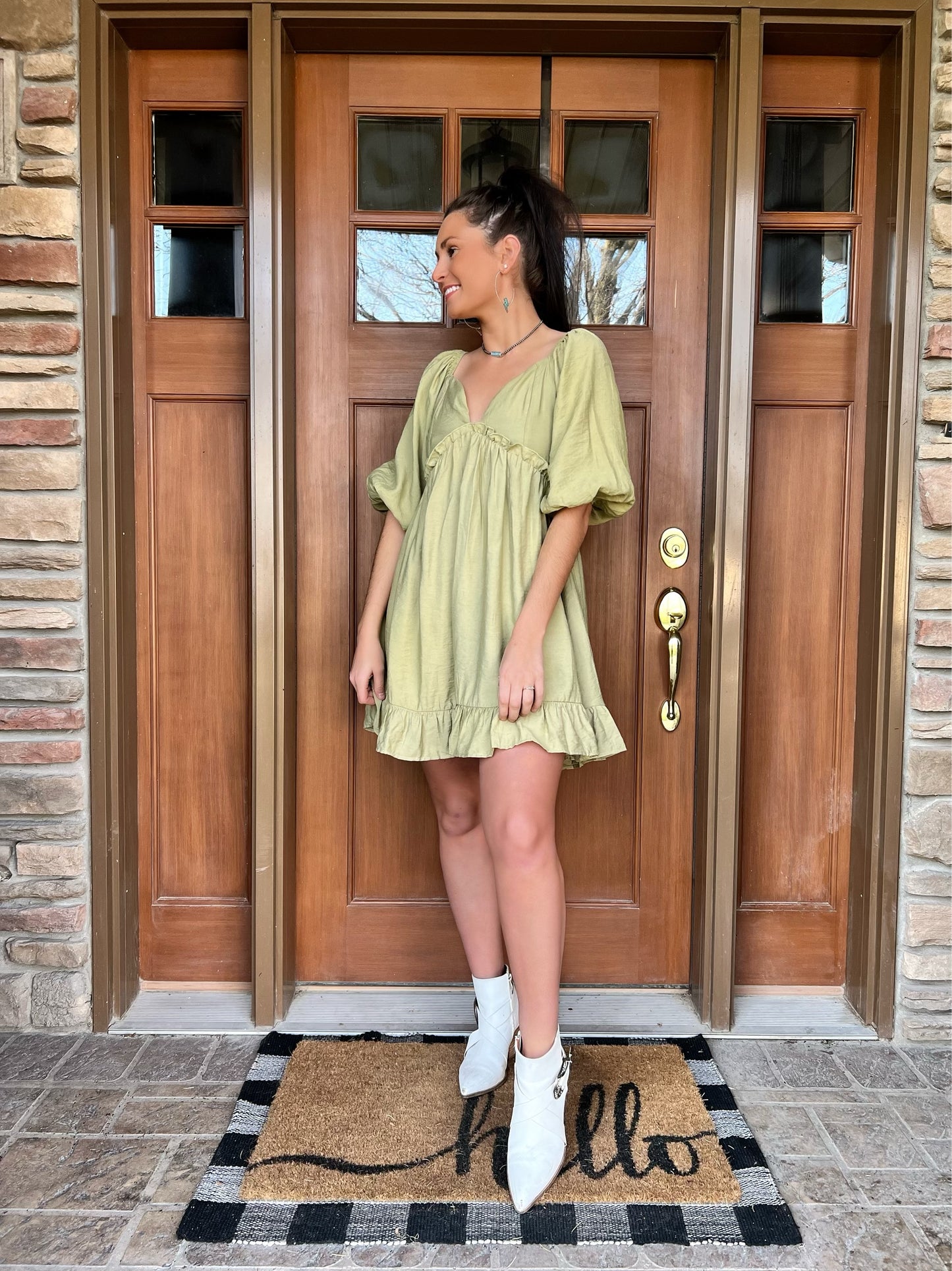 Green Ruffled Woven Mini Dress