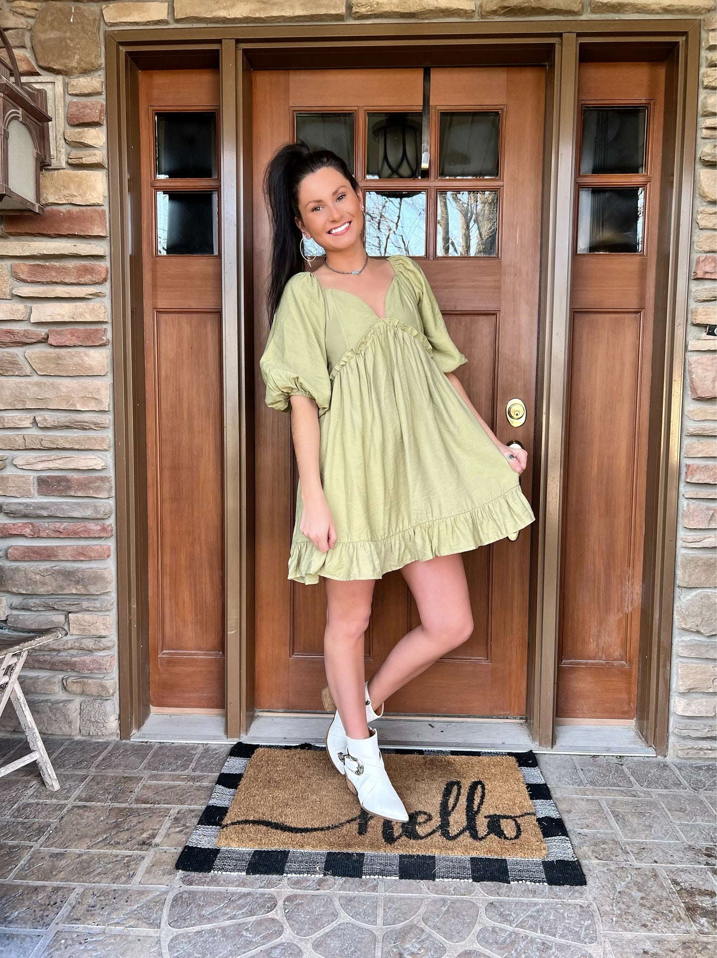 Green Ruffled Woven Mini Dress