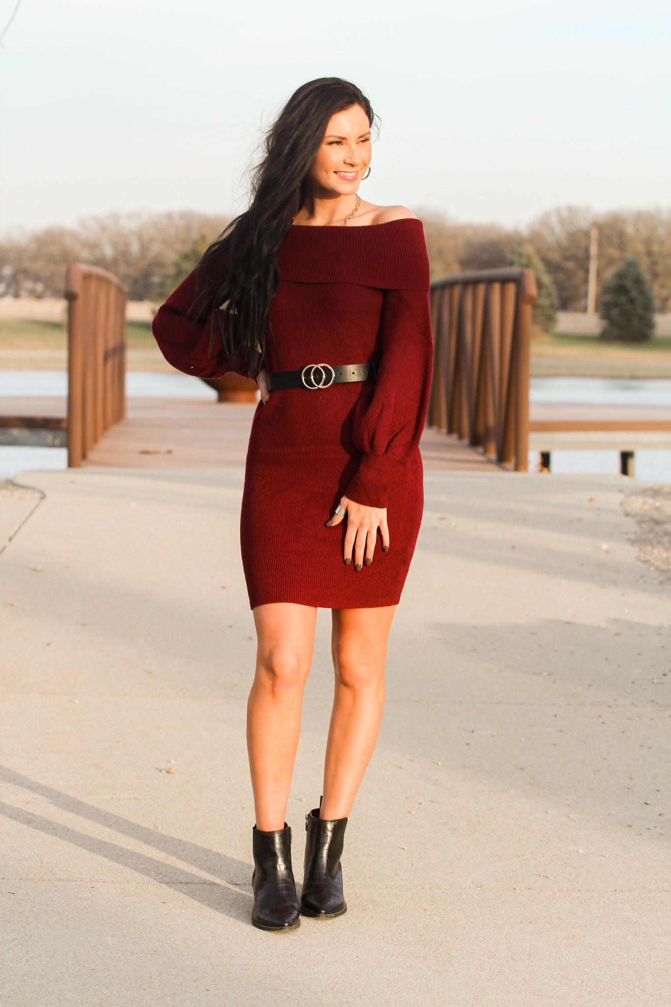 Long Sleeve Off the Shoulder Sweater Dress- Wine