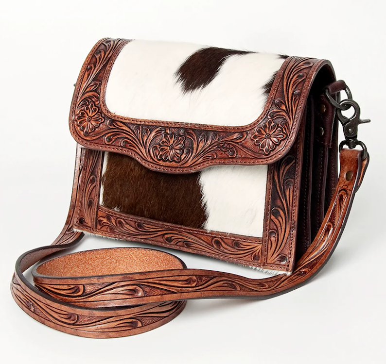 Brown Cowhide Tooled Purse