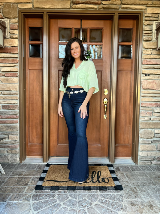 Drop Shoulder Crop Top- Mint