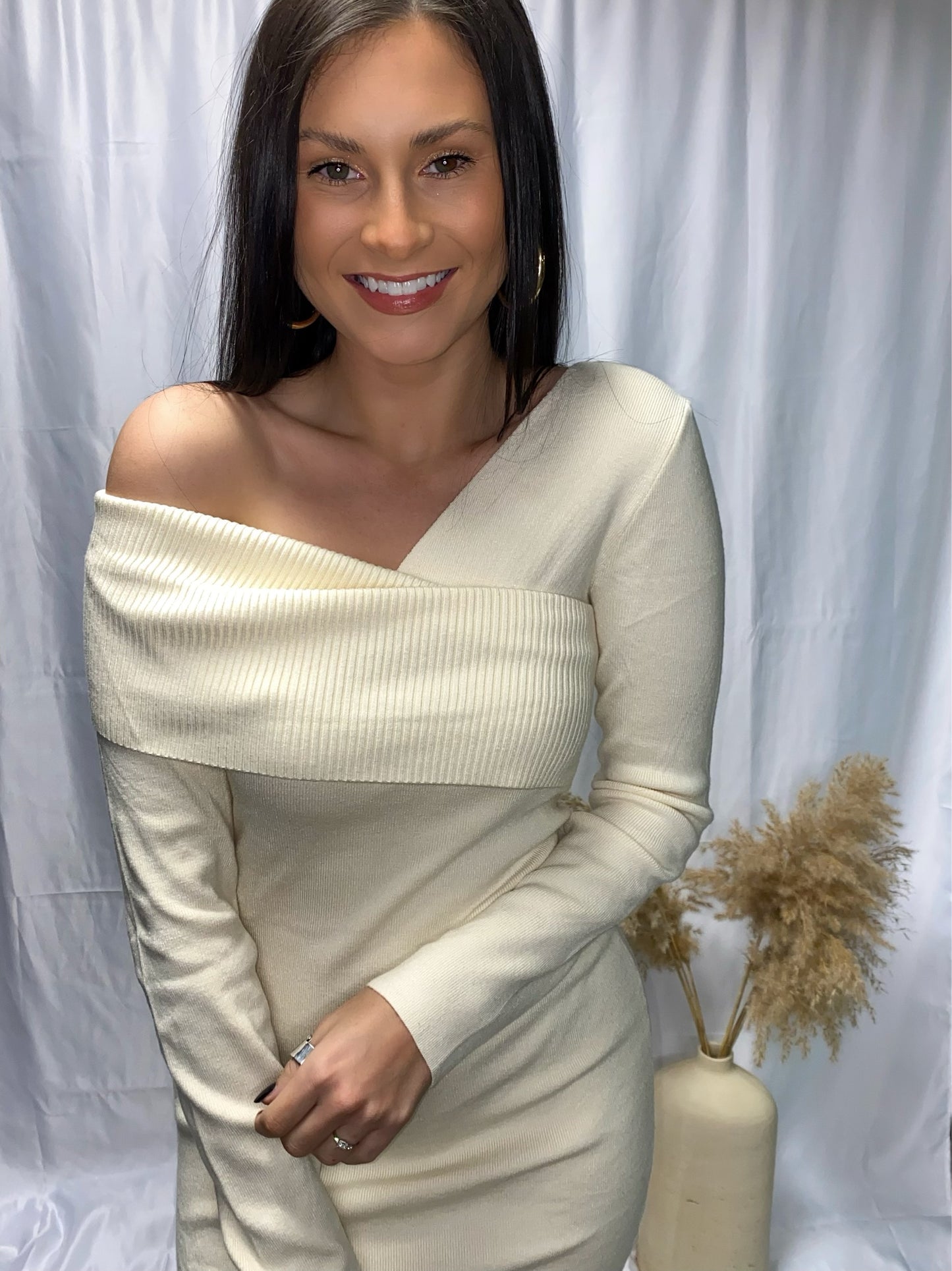One Shoulder Mini Dress-Cream