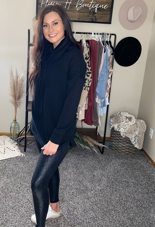 High Neck Pullover with Curved Hem-Black